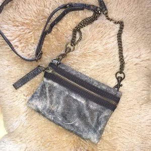 J. Crew Metallic Gray Leather Crossbody Pouch with Chain Strap